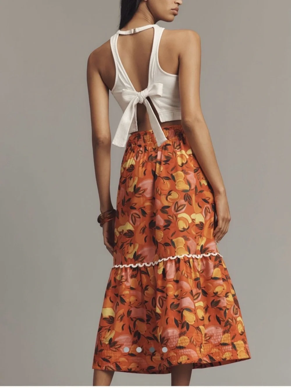 NEW Farm Rio Anthropologie Fruit Print -SZ L- Tiered-Flare Midi Skirt Orange Red